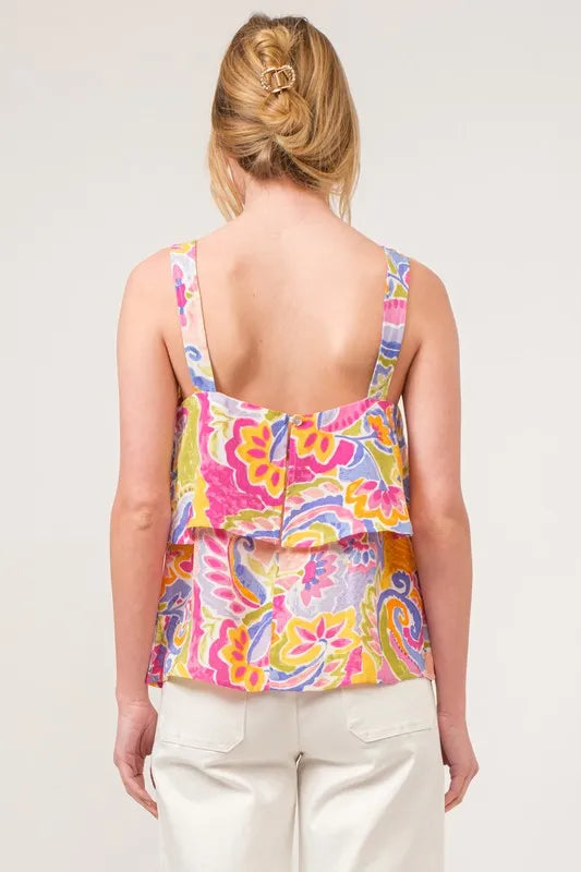 Square neck tiered paisley printed top with ruffled layers, slightly stretchy.
