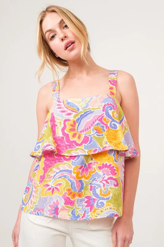 Square neck tiered paisley printed top with ruffled layers, slightly stretchy.