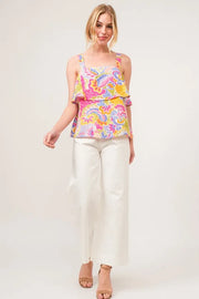 Square neck tiered paisley printed top with ruffled layers, slightly stretchy.