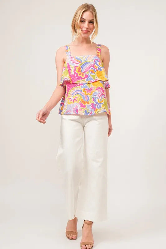 Square neck tiered paisley printed top with ruffled layers, slightly stretchy.