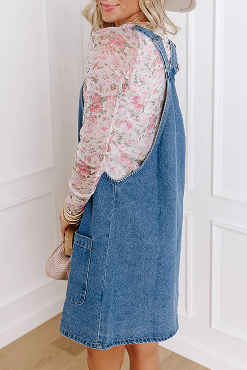 Square Neck Wide Strap Denim Overall Dress.