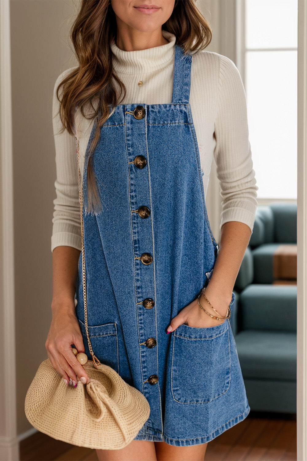 Square Neck Wide Strap Denim Overall Dress.