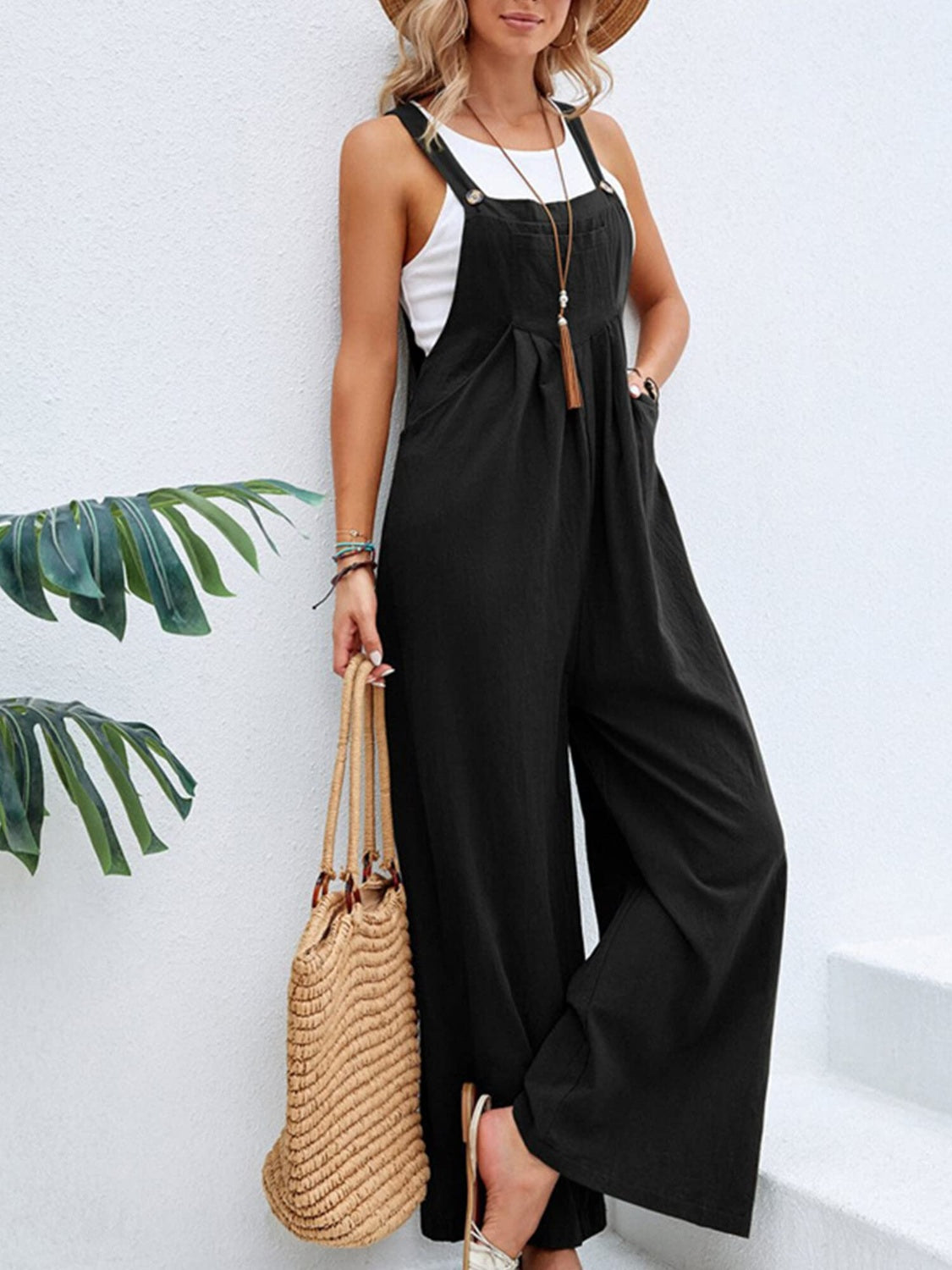 Square Neck Wide Strap Overalls with Pockets.