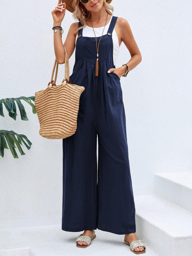 Square Neck Wide Strap Overalls with Pockets.
