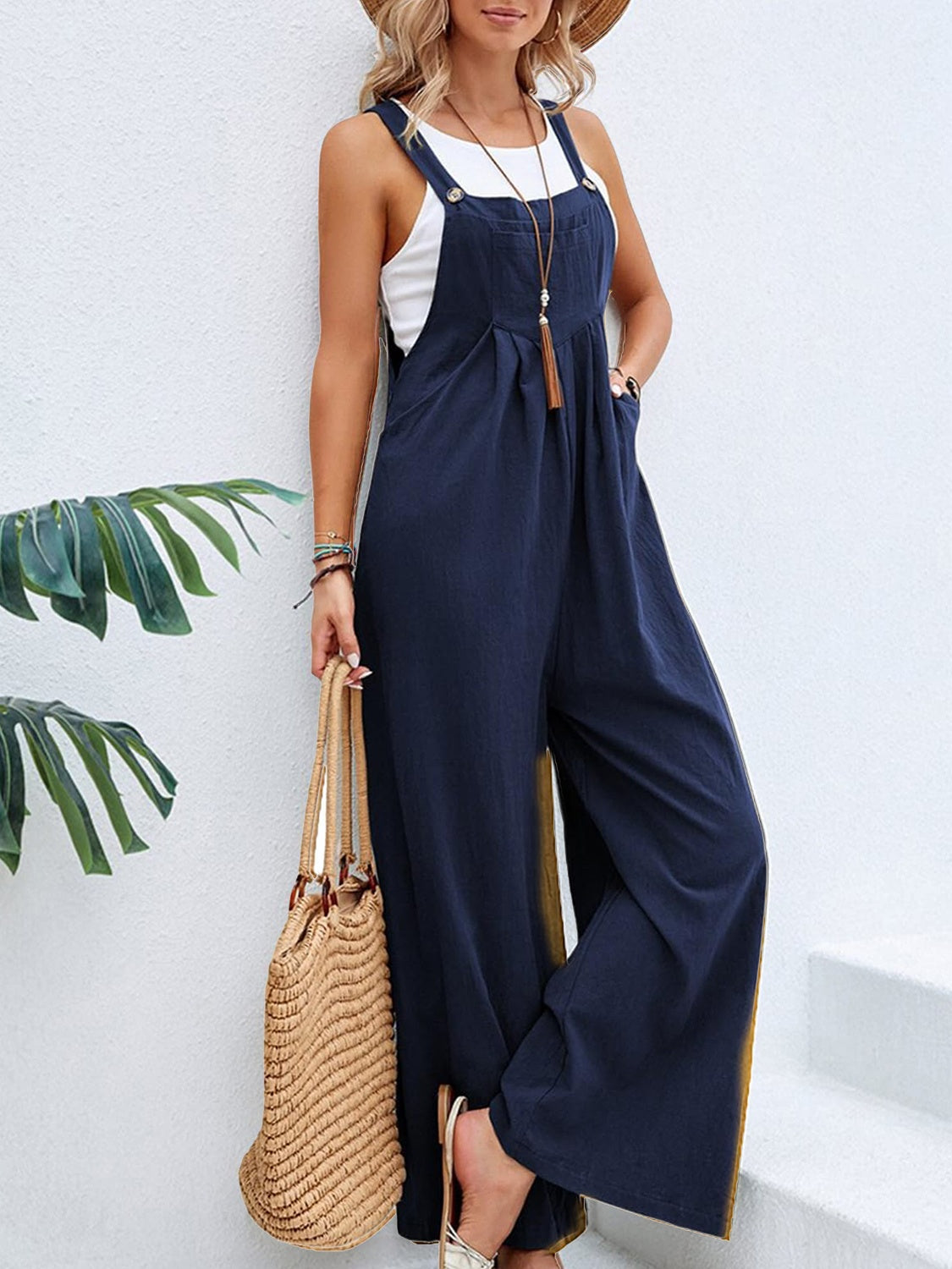 Square Neck Wide Strap Overalls with Pockets.