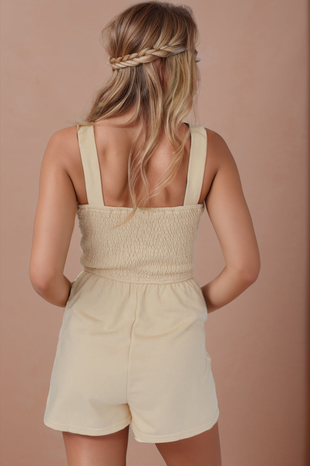 Square Neck Wide Strap Romper with Decorative Button and Pockets.