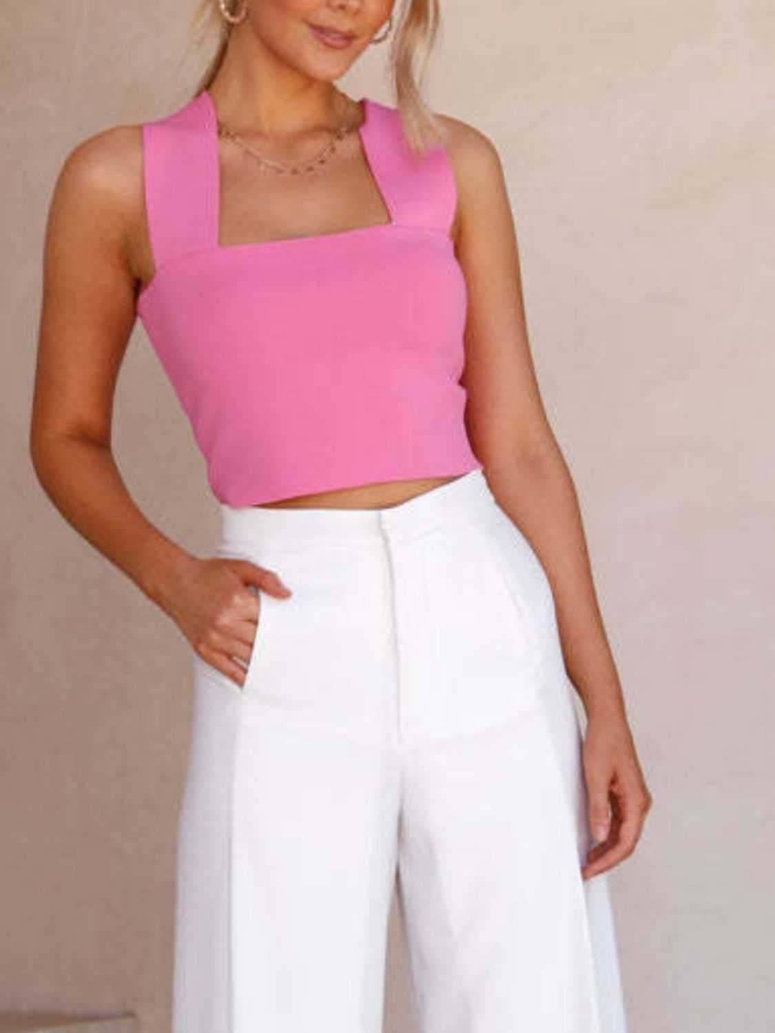 Square neck wide strap tank, opaque and slightly stretchy.
