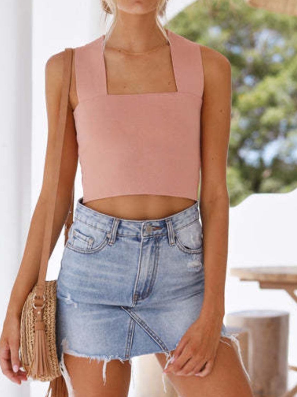 Square neck wide strap tank, opaque and slightly stretchy.