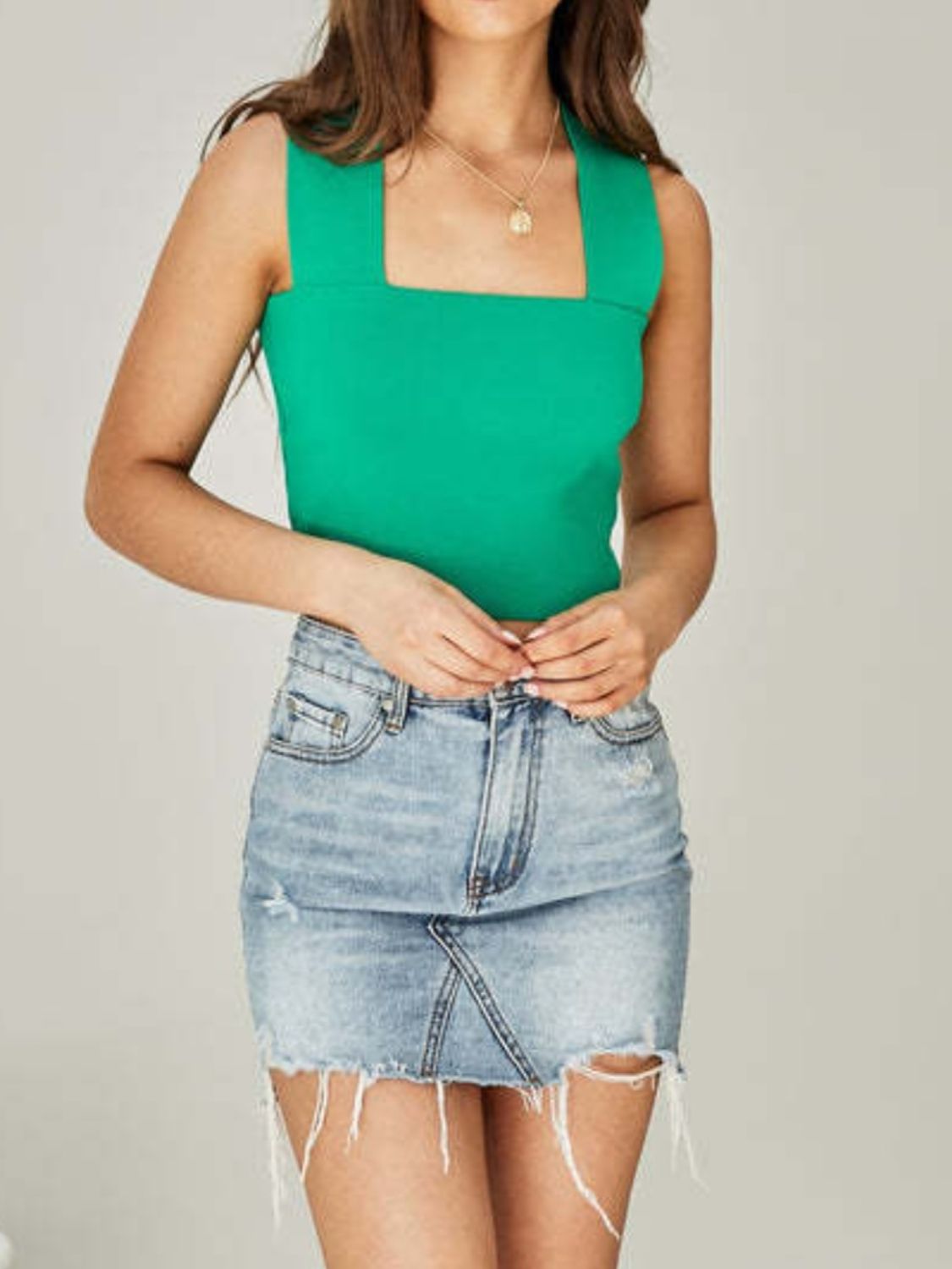 Square neck wide strap tank, opaque and slightly stretchy.