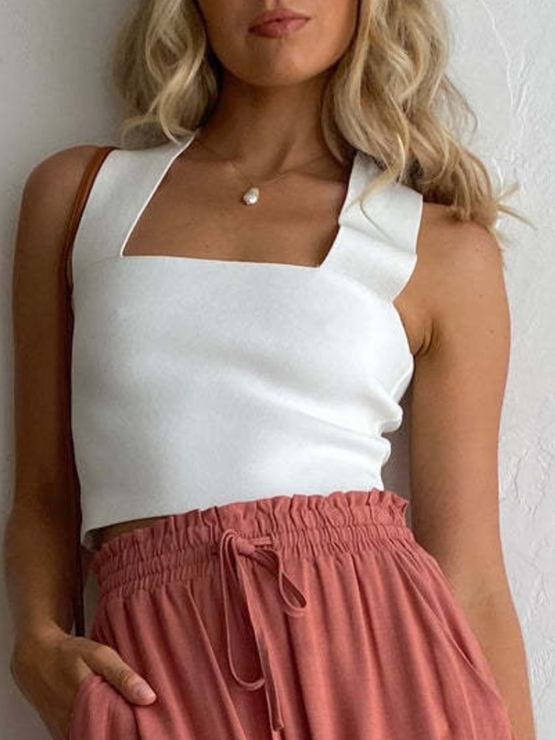 Square neck wide strap tank, opaque and slightly stretchy.