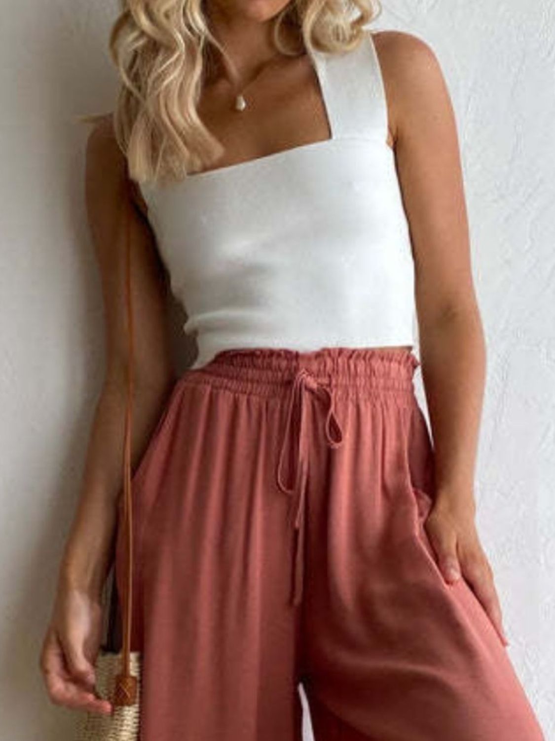 Square neck wide strap tank, opaque and slightly stretchy.