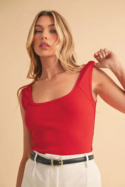 Square neck wide strap tank, moderately stretchy.