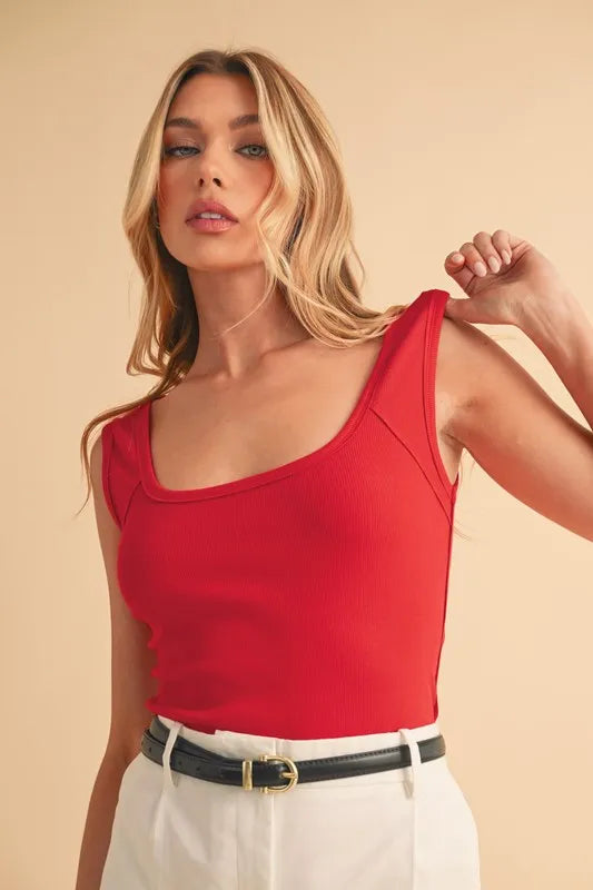 Square neck wide strap tank, moderately stretchy.