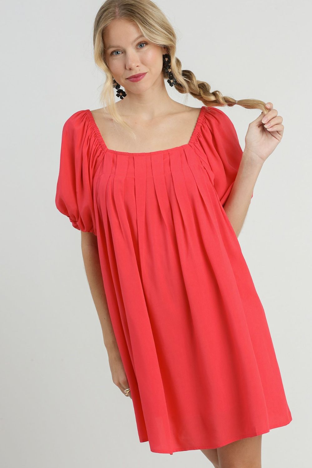 Umgee Full Size Squared Neck Puff Sleeve Mini Dress Plus Size.