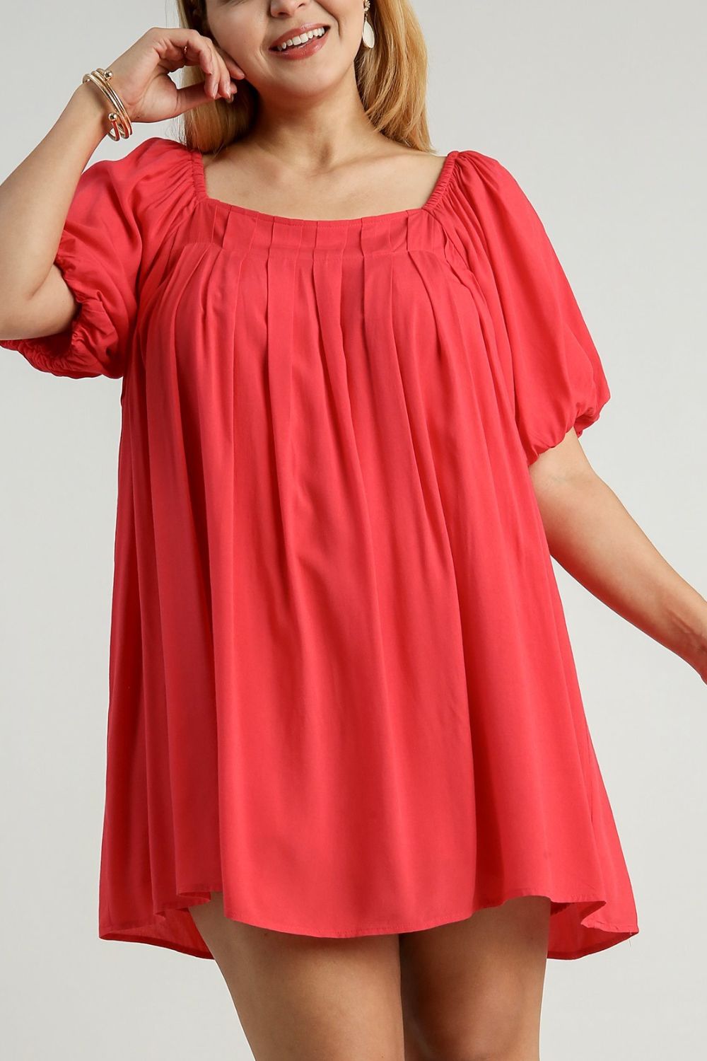 Umgee Full Size Squared Neck Puff Sleeve Mini Dress Plus Size.