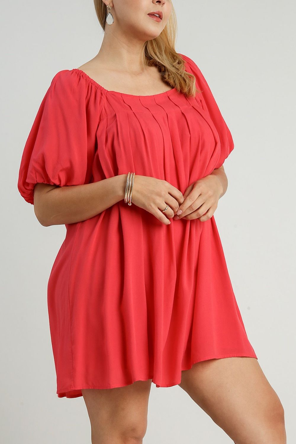 Umgee Full Size Squared Neck Puff Sleeve Mini Dress Plus Size.