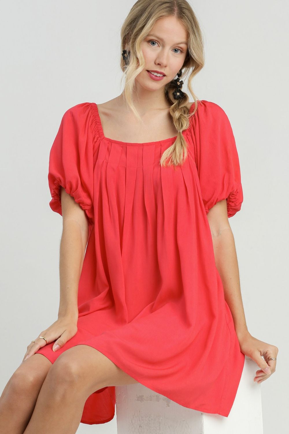Umgee Full Size Squared Neck Puff Sleeve Mini Dress Plus Size.