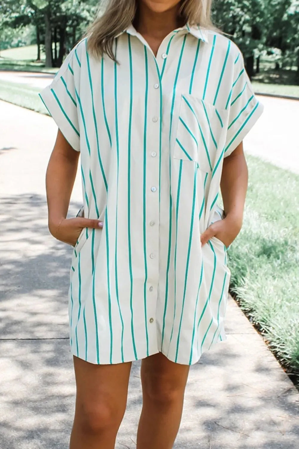 St Patricks Striped Wide Short Sleeve Shift Mini Shirt Dress.