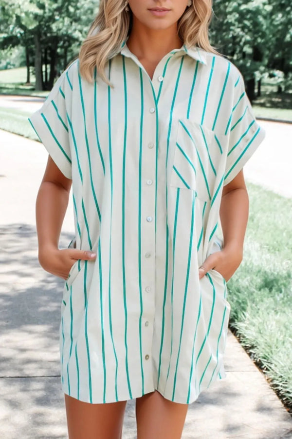 St Patricks Striped Wide Short Sleeve Shift Mini Shirt Dress.