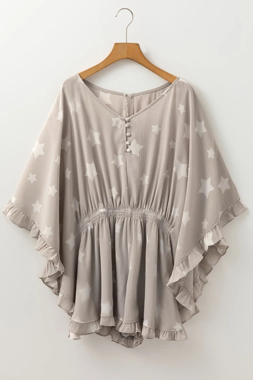 Star Print Crinkle Textured Kimono Ruffle Sleeve Romper.