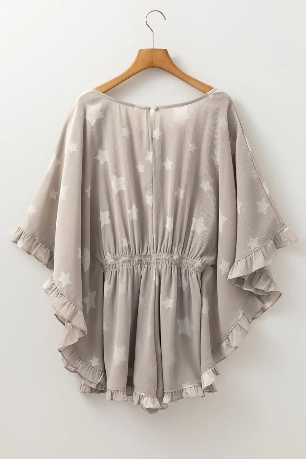 Star Print Crinkle Textured Kimono Ruffle Sleeve Romper.