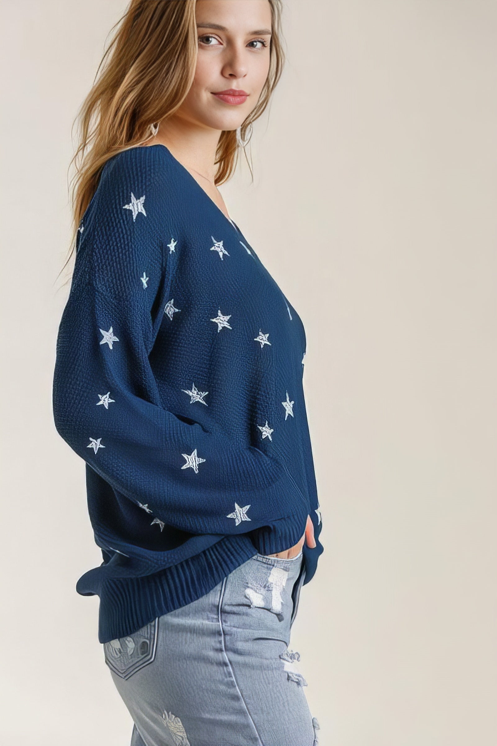 Umgee Full Size Star V-Neck Long Sleeve Sweater, plus size.