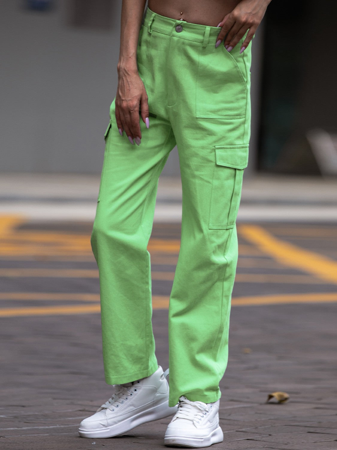 Straight leg cargo pants, opaque.