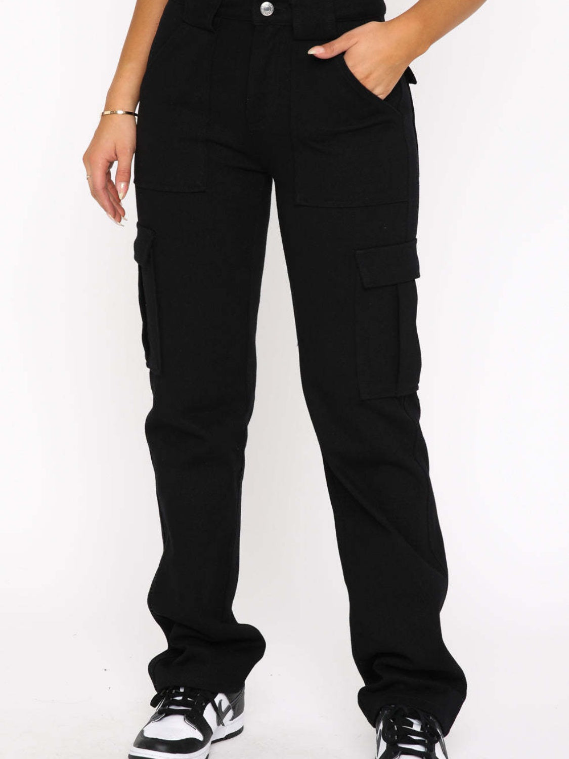 Straight leg cargo pants with pockets, opaque.