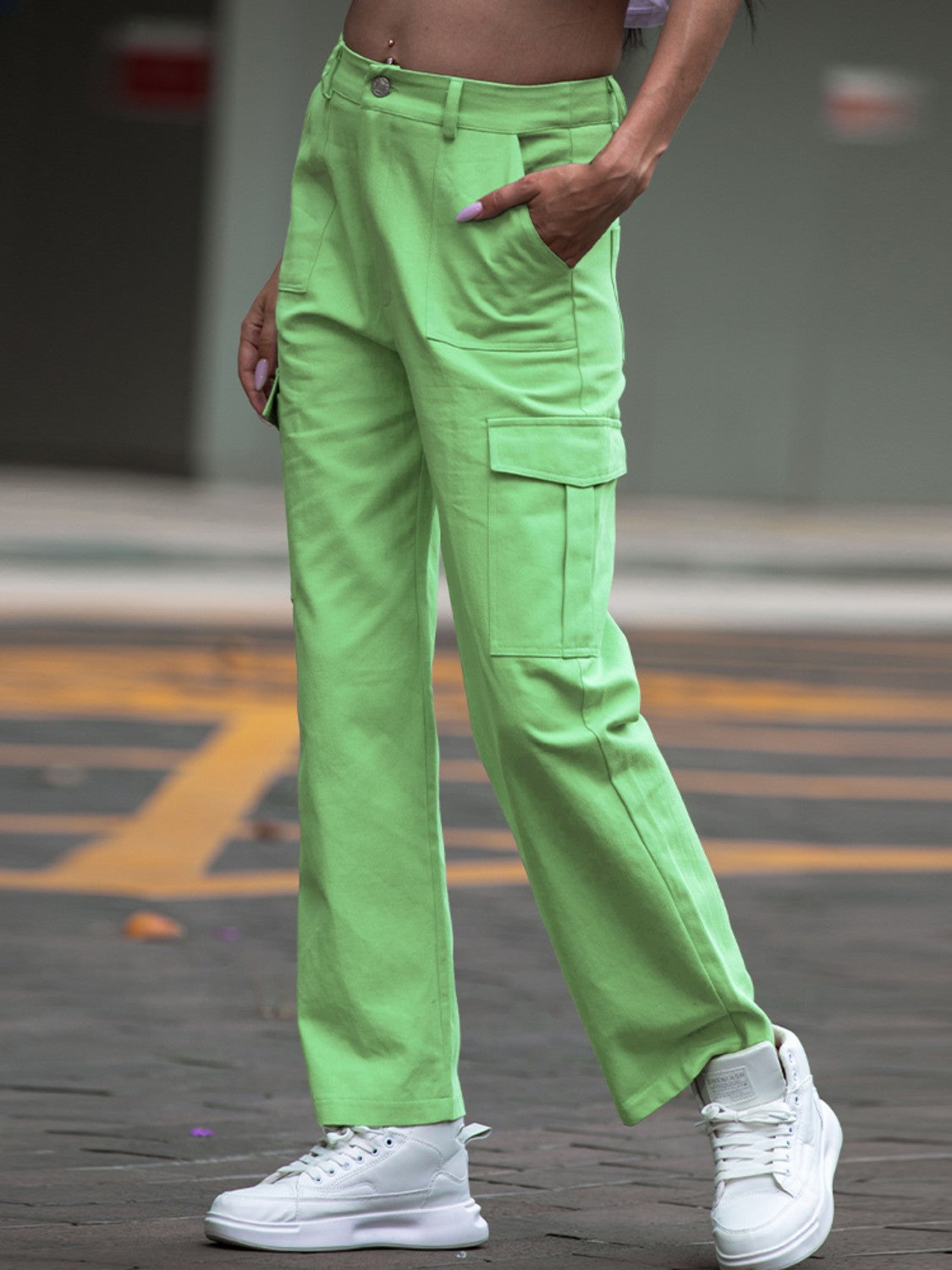 Straight leg cargo pants, opaque.