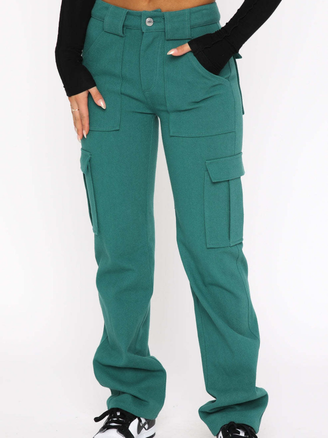 Straight leg cargo pants with pockets, opaque.