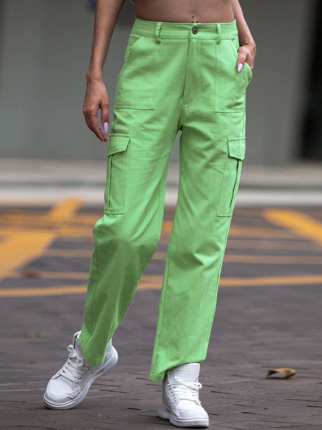 Straight leg cargo pants, opaque.