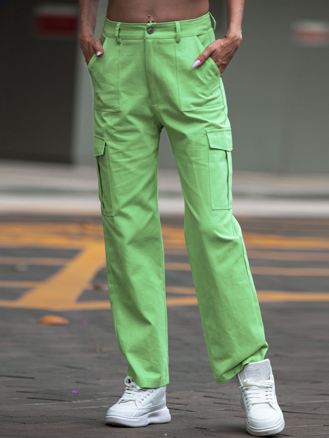 Straight leg cargo pants, opaque.