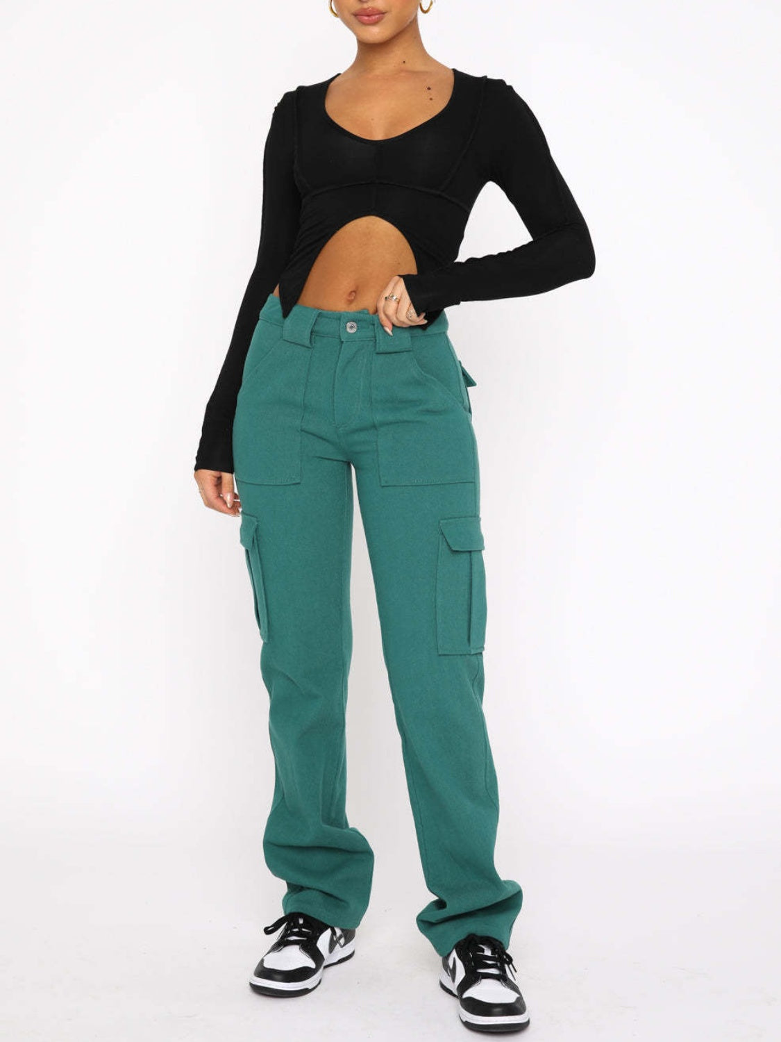 Straight leg cargo pants with pockets, opaque.