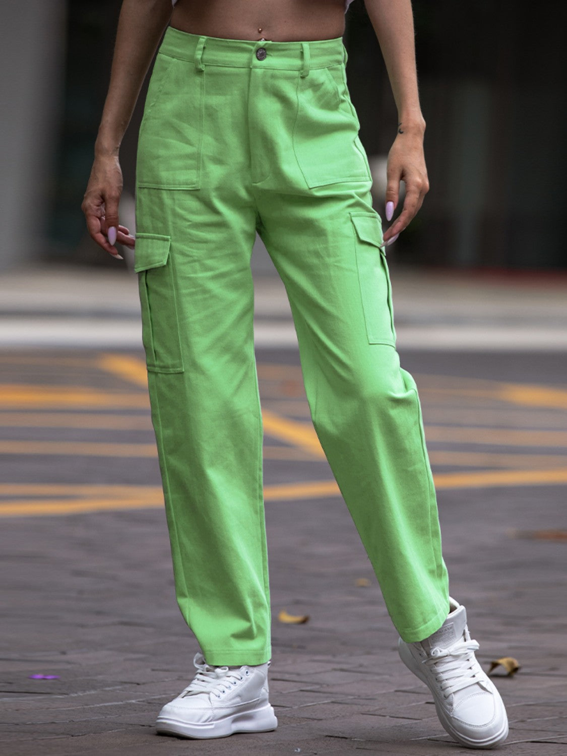 Straight leg cargo pants, opaque.