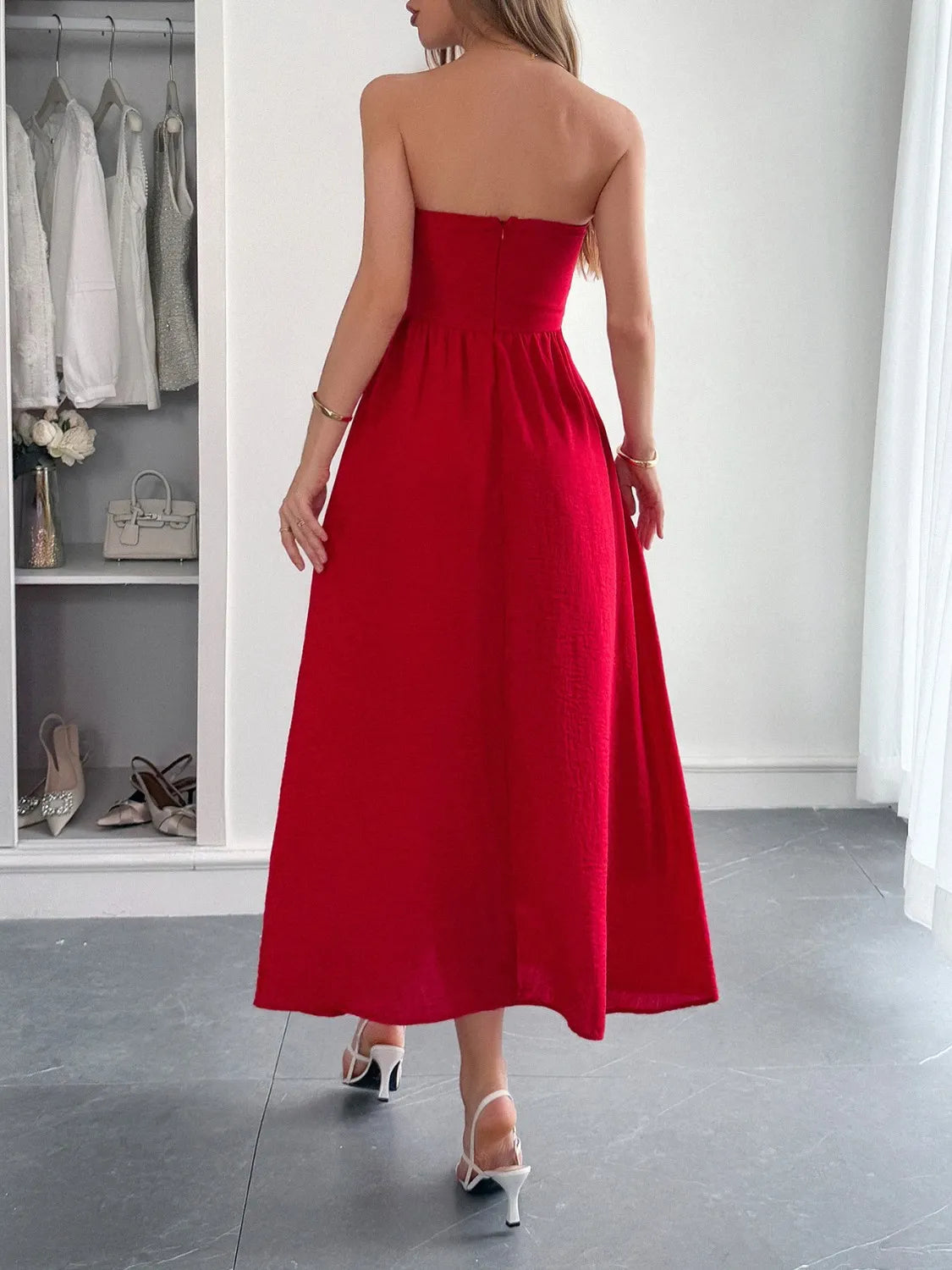 Strapless A-Line Midi Dress with Pockets.