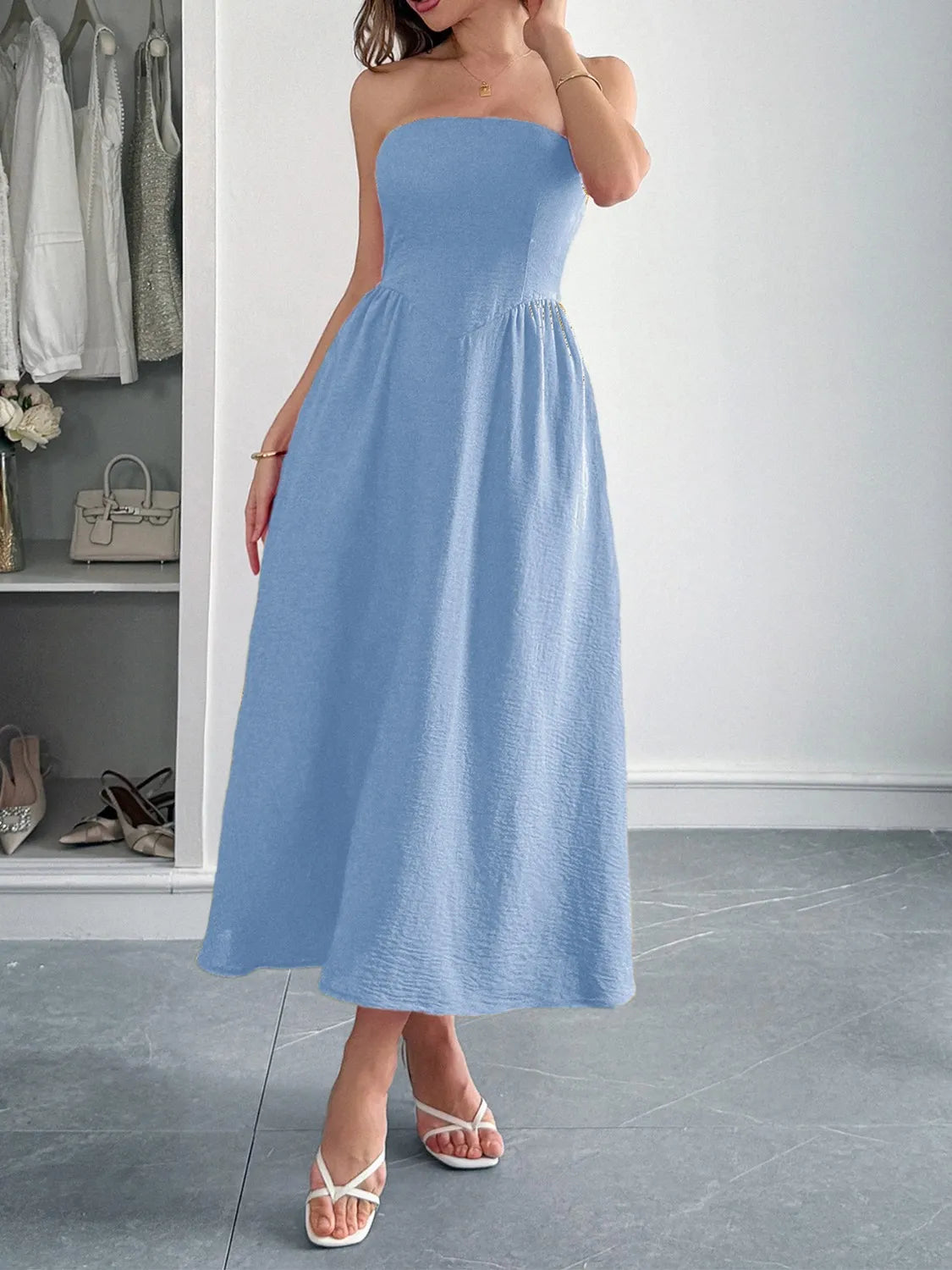 Strapless A-Line Midi Dress with Pockets.