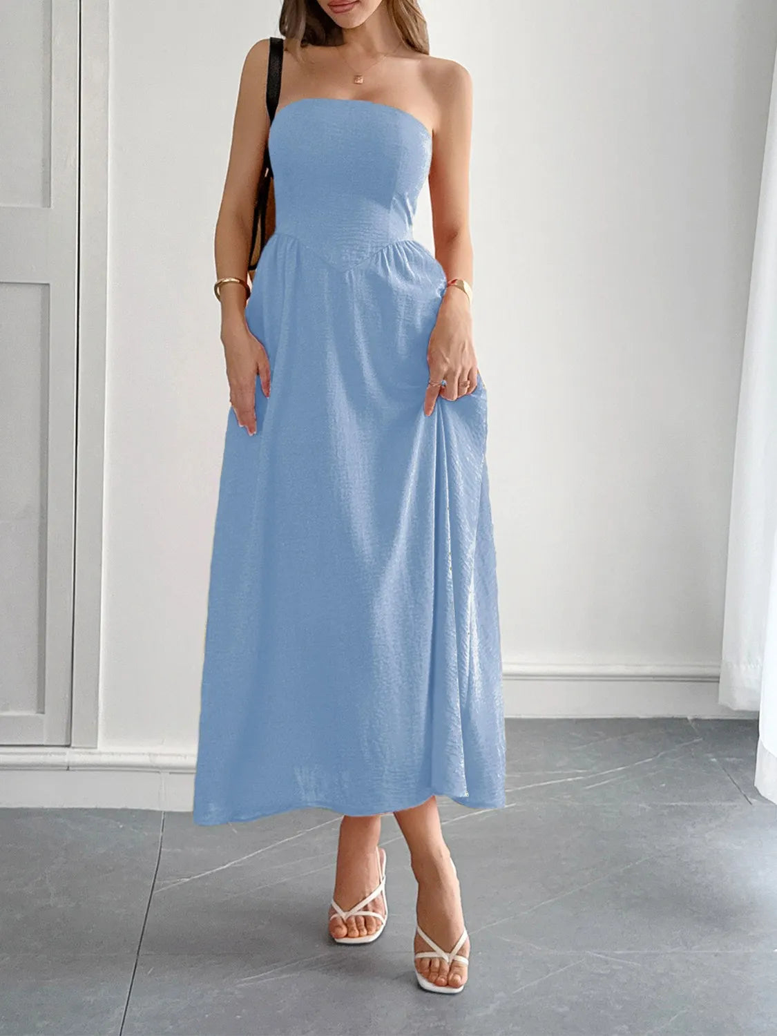 Strapless A-Line Midi Dress with Pockets.