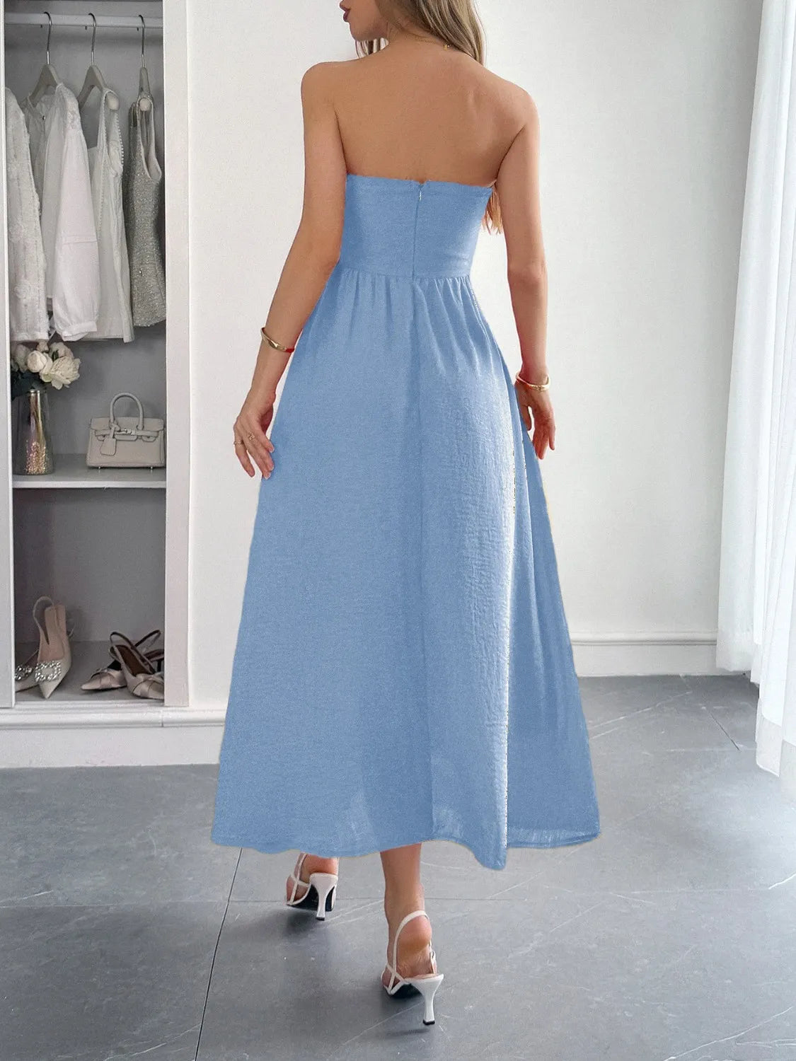 Strapless A-Line Midi Dress with Pockets.