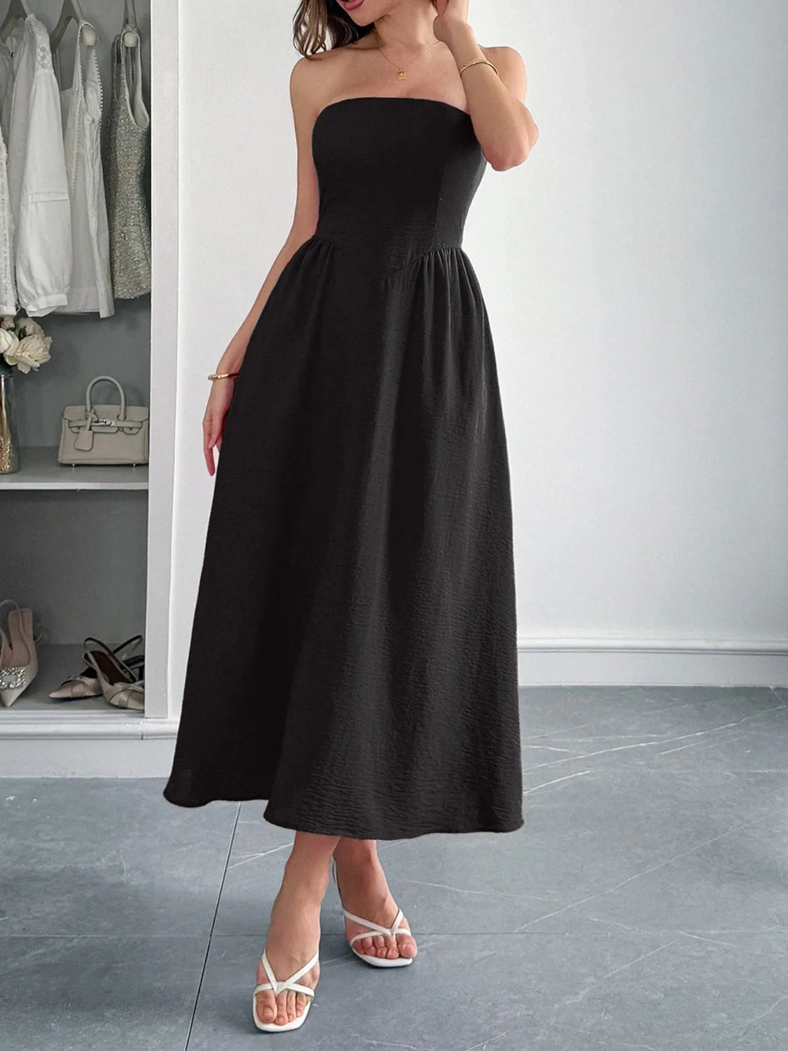 Strapless A-Line Midi Dress with Pockets.