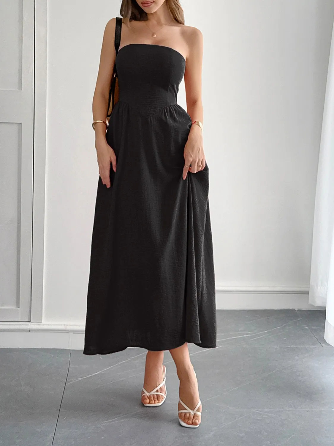 Strapless A-Line Midi Dress with Pockets.