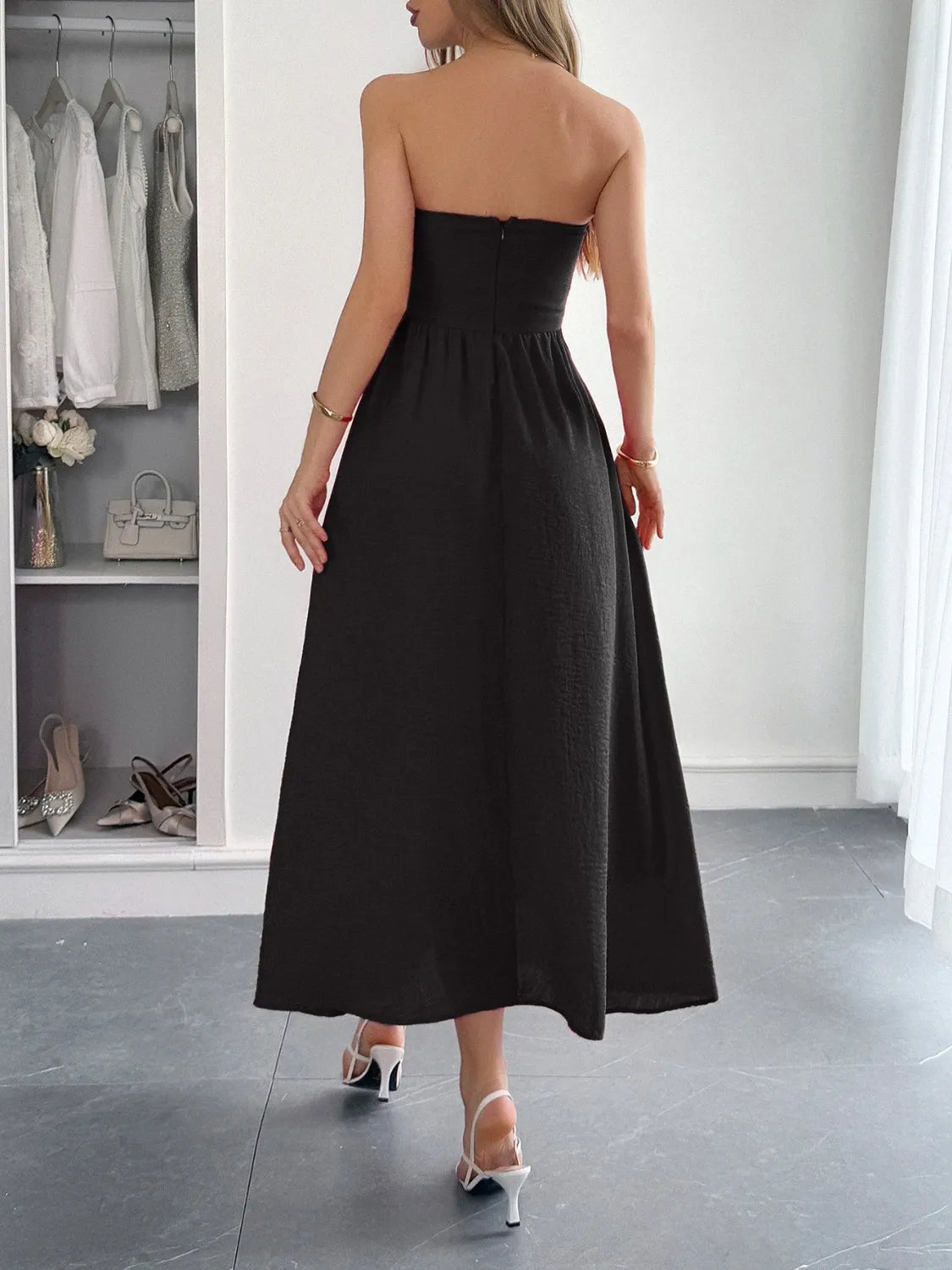 Strapless A-Line Midi Dress with Pockets.