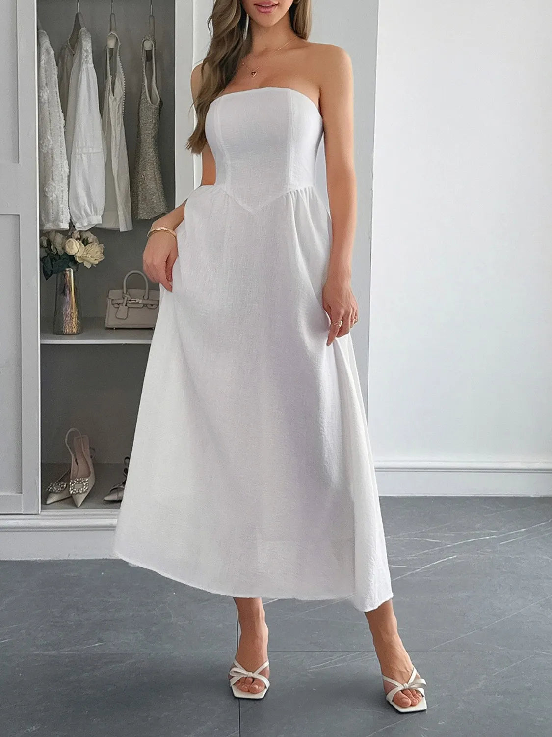 Strapless A-Line Midi Dress with Pockets.