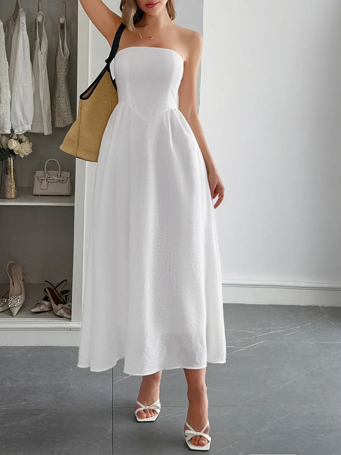 Strapless A-Line Midi Dress with Pockets.