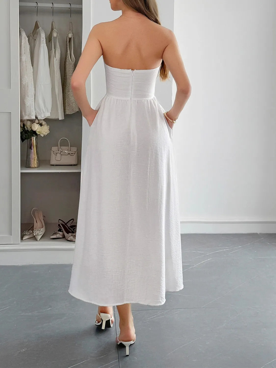 Strapless A-Line Midi Dress with Pockets.