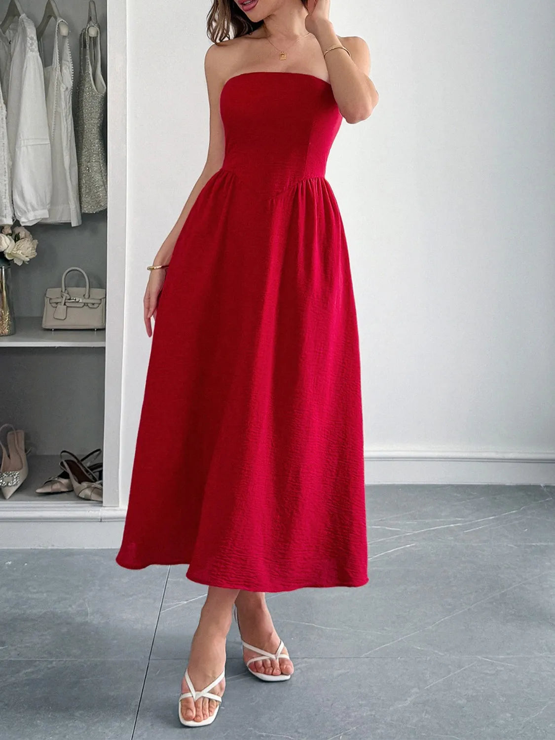 Strapless A-Line Midi Dress with Pockets.