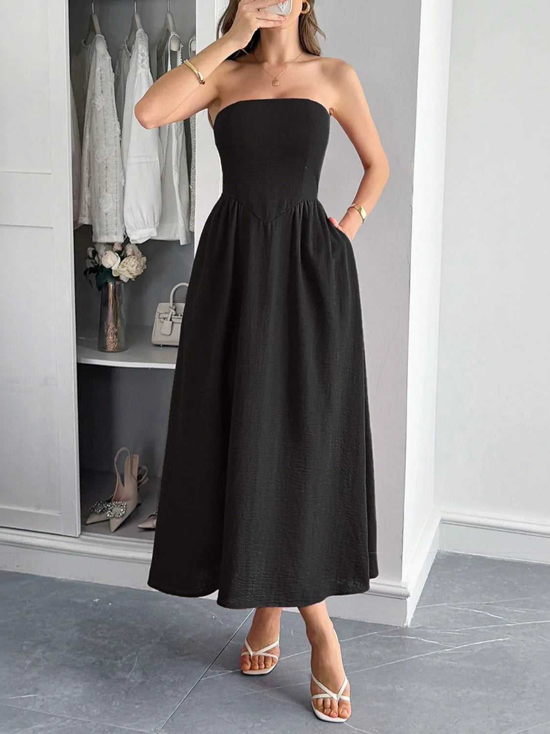 Strapless A-Line Midi Dress with Pockets.