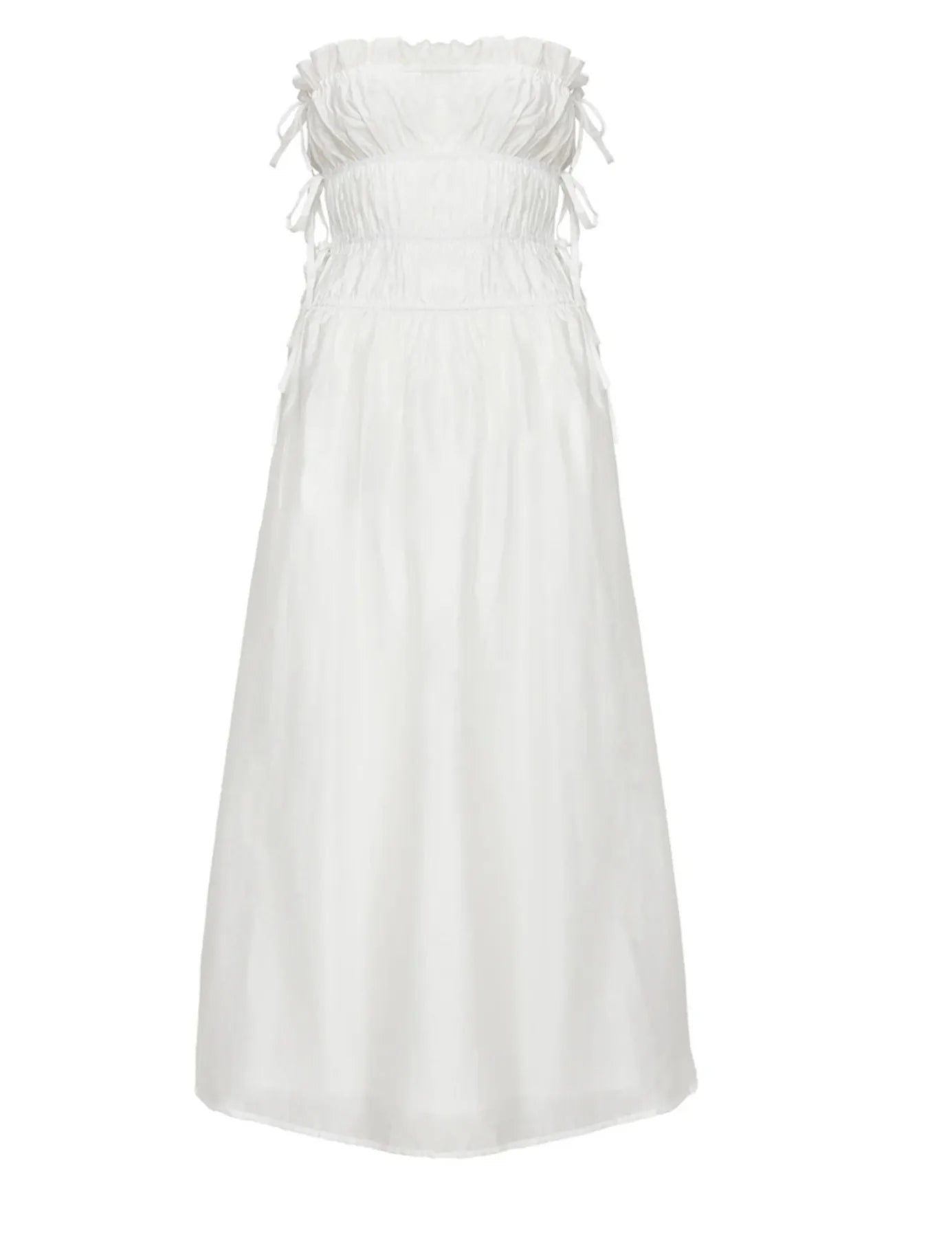 Strapless Smocked Mini Dress with Asymmetric Hem.