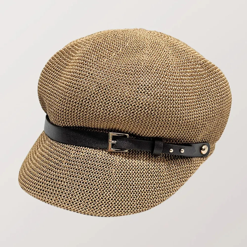 Stylish straw woven hat with a decorative buckle.
