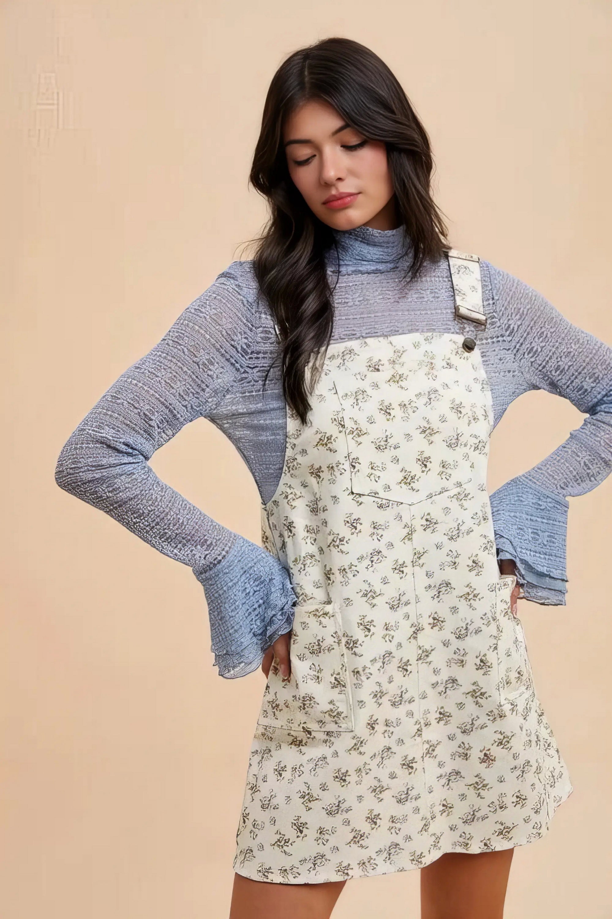 Annie Wear Stretch Ditsy Print Denim Overall Mini Dress.