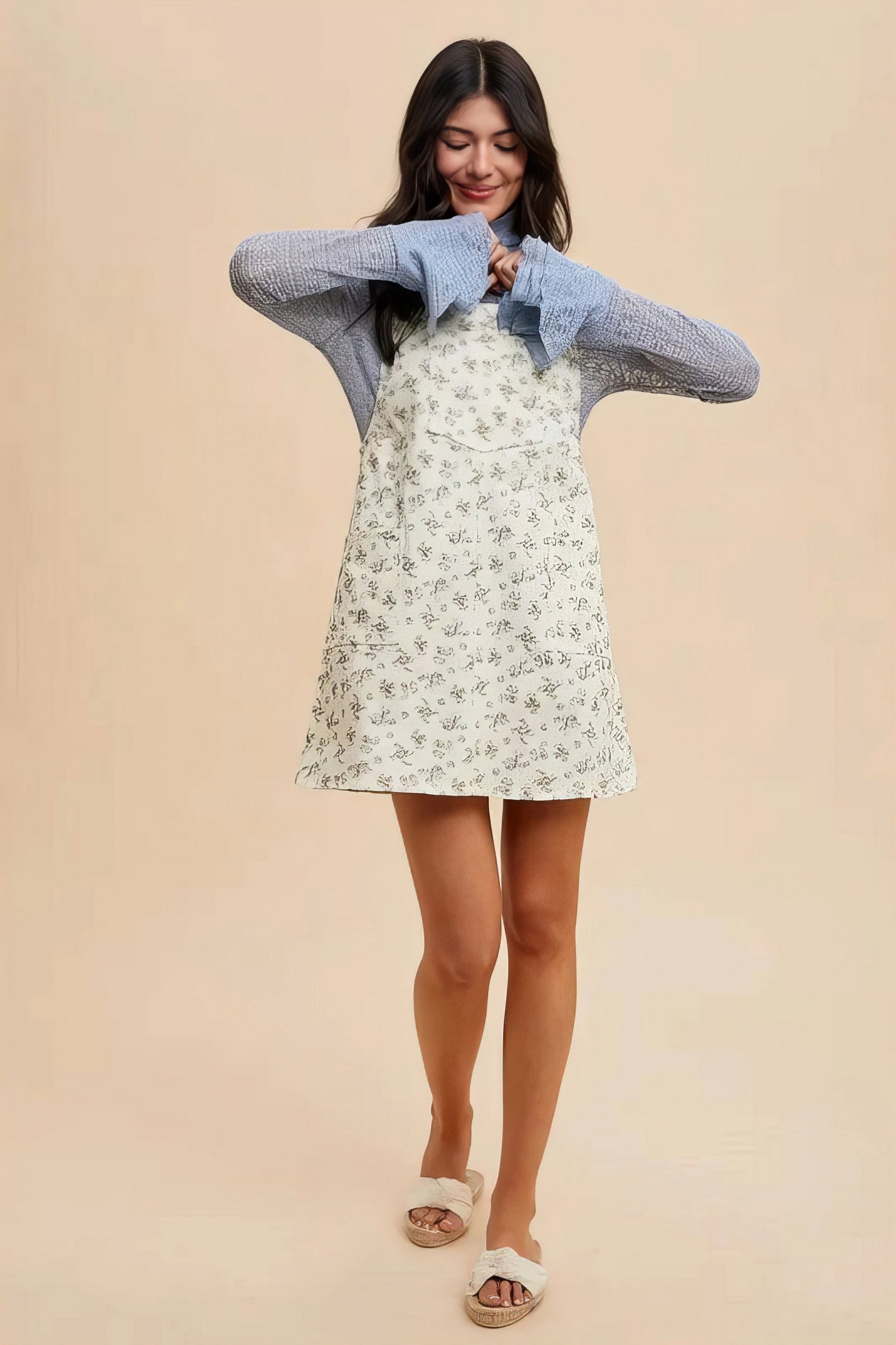 Annie Wear Stretch Ditsy Print Denim Overall Mini Dress.